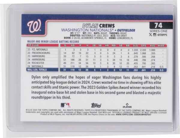 2025 Topps Dylan Crews RC #74 Nationals - Image 3