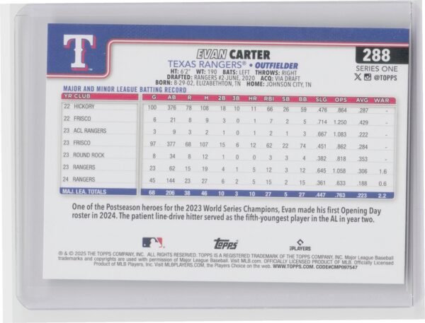 2025 Topps Evan Carter #288 Rangers - Image 3