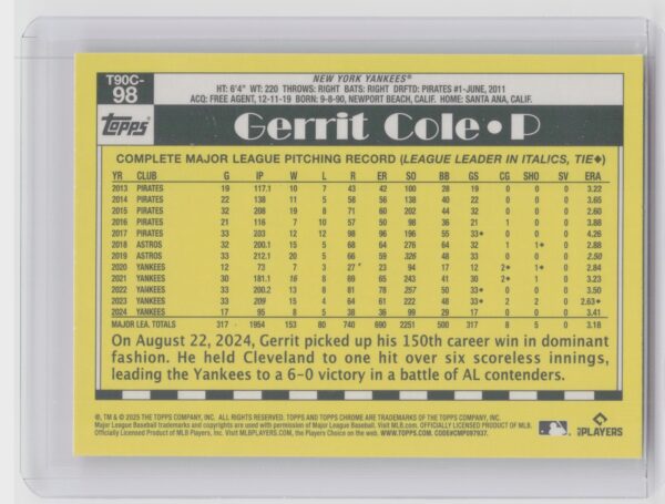 2025 Topps Gerrit Cole #T90C-98 Yankees - Image 3