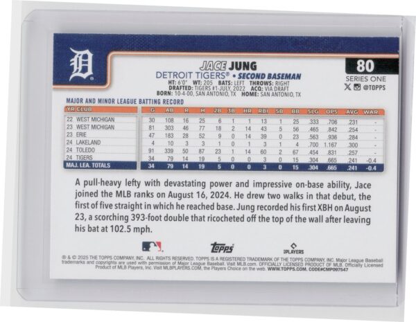 2025 Topps Jace Jung RC #80 Tigers - Image 3