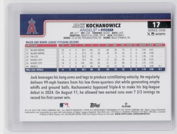 2025 Topps Jack Kochanowicz #17 Angels - Image 3
