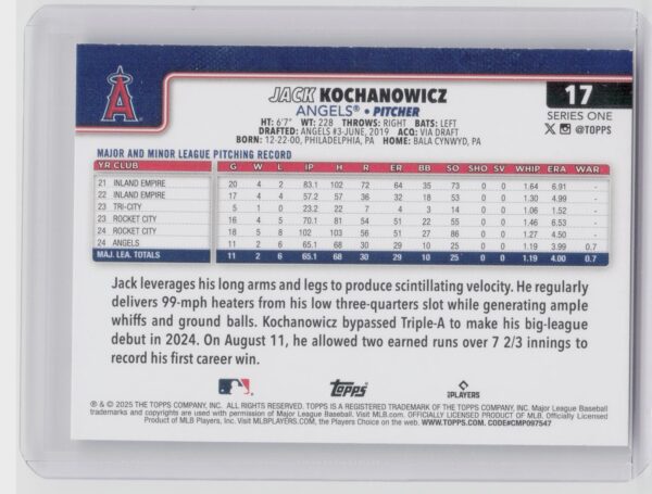 2025 Topps Jack Kochanowicz RC #17 Angels - Image 3