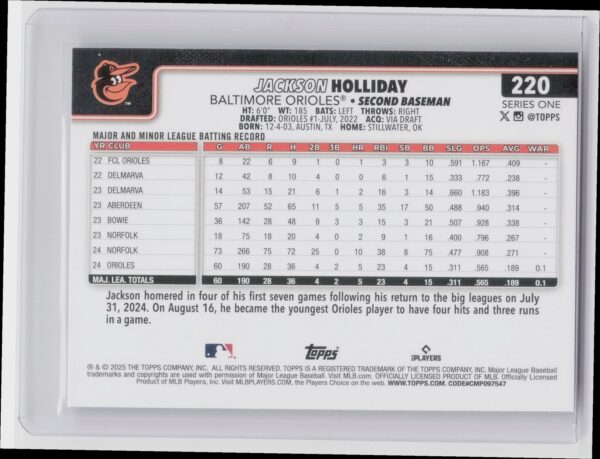 2025 Topps Jackson Holliday #220 Orioles - Image 3
