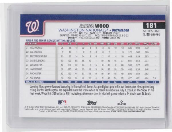 2025 Topps James Wood RC #181 Nationals - Image 3