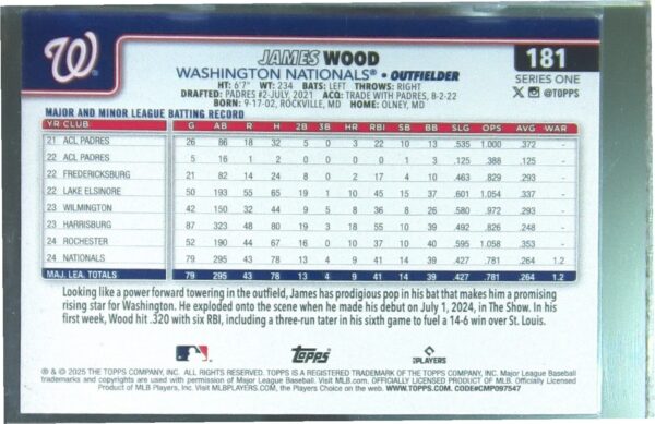2025 Topps James Wood RC #181 Nationals - Image 3