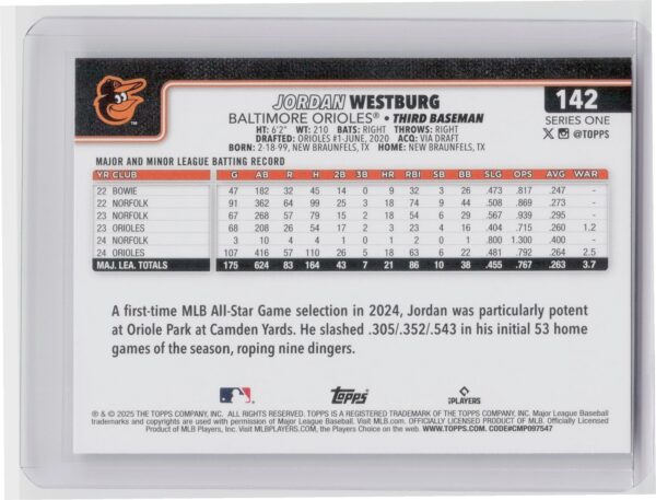 2025 Topps Jordan Westburg #142 Orioles - Image 3