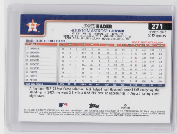 2025 Topps Josh Hader Confetti #271 Astros - Image 3