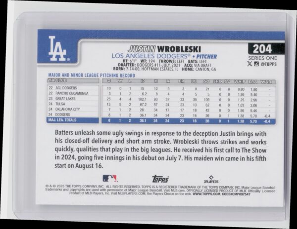2025 Topps Justin Wrobleski RC #204 Dodgers - Image 3