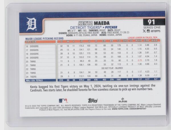 2025 Topps Kenta Maeda #91 Tigers - Image 3