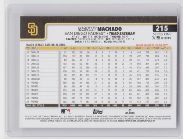 2025 Topps Manny Machado #215 Padres - Image 3
