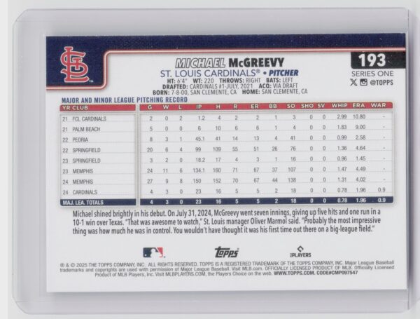 2025 Topps Michael McGreevy RC #193 Cardinals - Image 3