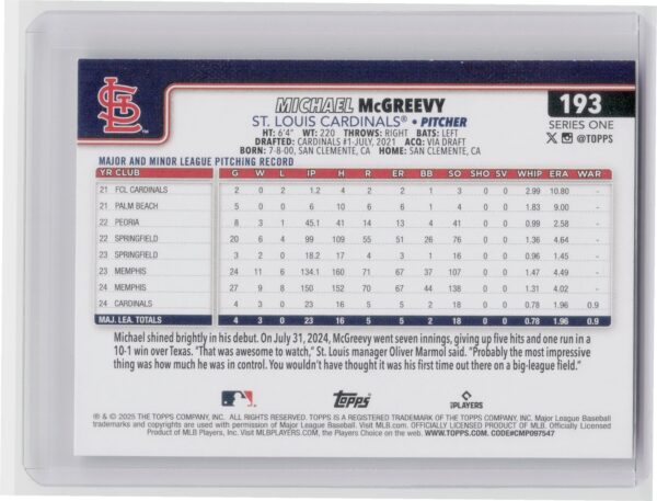 2025 Topps Michael McGreevy RC #193 Cardinals - Image 3