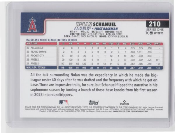 2025 Topps Nolan Schanuel #210 Angels - Image 3
