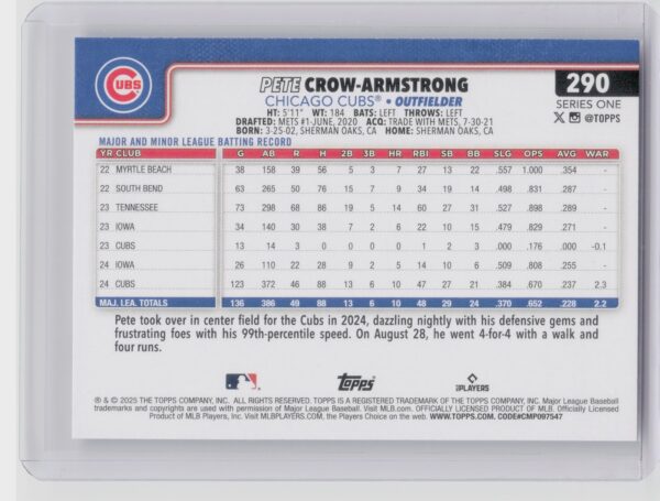 2025 Topps Pete Crow-Armstrong #290 Cubs - Image 3
