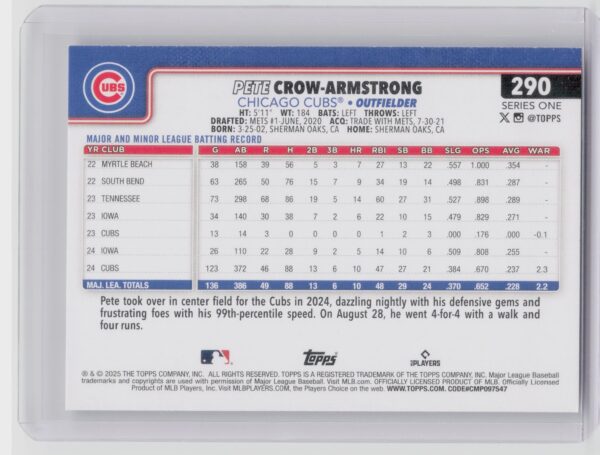 2025 Topps Pete Crow-Armstrong #290 Cubs - Image 3