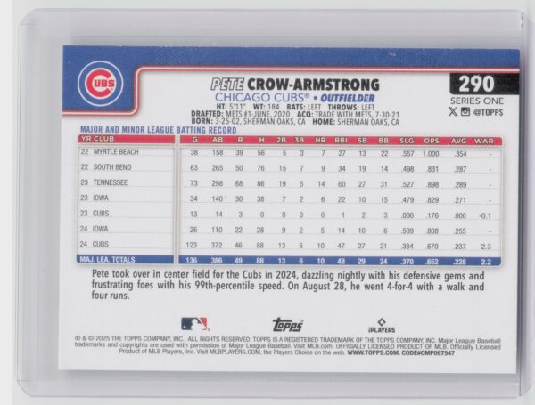 2025 Topps Pete Crow-Armstrong #290 Cubs - Image 3