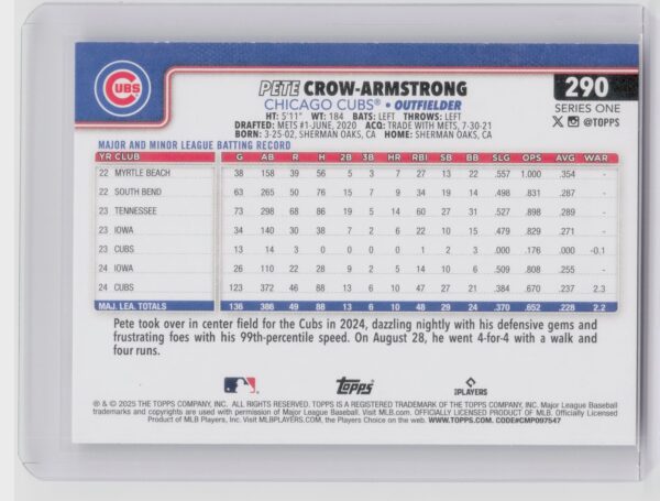 2025 Topps Pete Crow-Armstrong #290 Cubs - Image 3