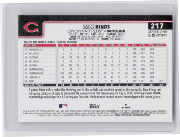2025 Topps Rece Hinds RC #217 Reds - Image 3