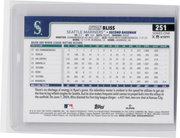2025 Topps Ryan Bliss RC #251 Mariners - Image 3