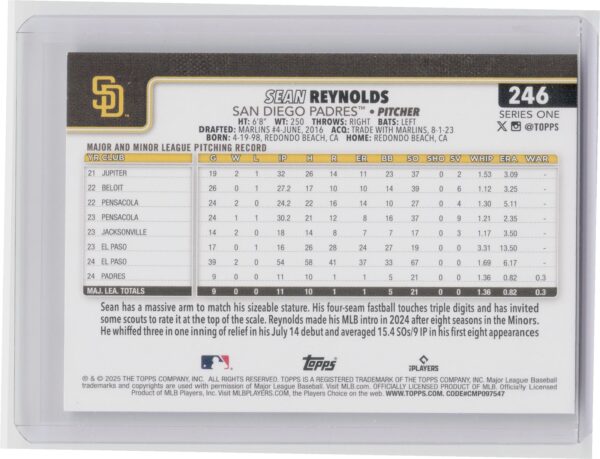 2025 Topps Sean Reynolds RC #246 Padres - Image 3