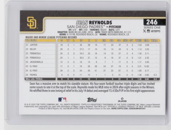 2025 Topps Sean Reynolds RC #246 Padres - Image 3