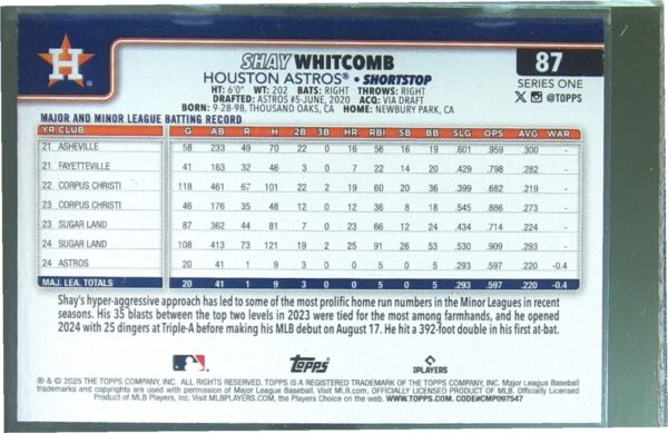 2025 Topps Shay Whitcomb Holo Foil RC #87 Astros - Image 3
