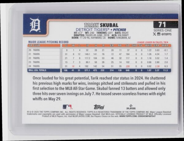 2025 Topps Tarik Skubal Rainbow Foil #71 Tigers - Image 3