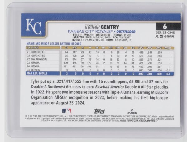 2025 Topps Tyler Gentry RC #6 Royals - Image 3