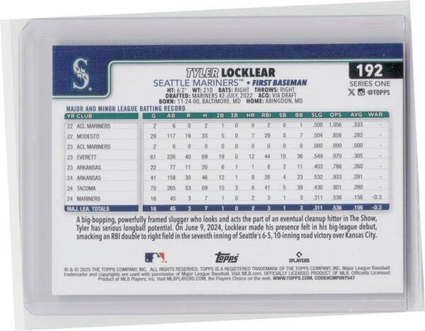 2025 Topps Tyler Locklear Diamante Foil #192 Mariners - Image 3