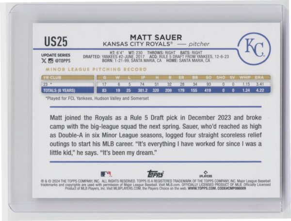 2025 Topps Update matt sauer US25 Royals - Image 3