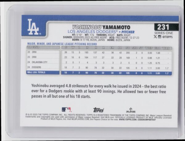 2025 Topps Yoshinobu Yamamoto #231 Dodgers - Image 3