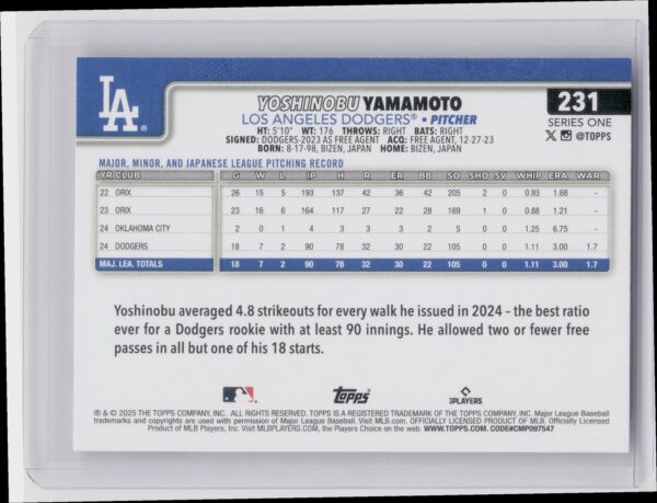 2025 Topps Yoshinobu Yamamoto #231 Dodgers - Image 3