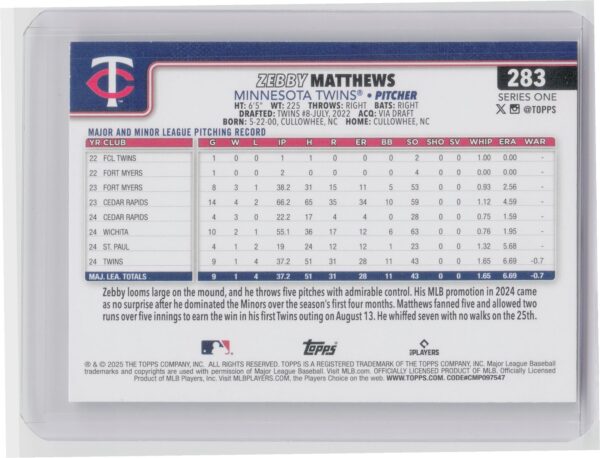 2025 Topps Zebby Matthews RC #283 Twins - Image 3