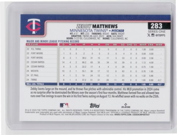 2025 Topps Zebby Matthews RC #283 Twins - Image 3
