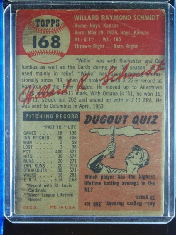 1953 Topps Willard Schmidt RC #168 Cardinals - Image 3