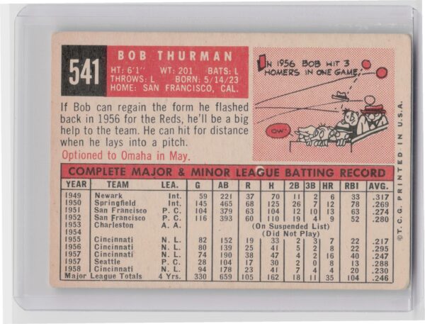 1959 Topps Bob Thurman #541 Redlegs - Image 3