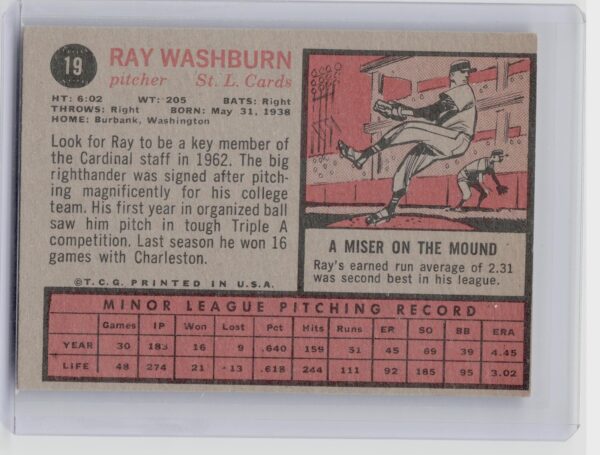 1962 Heritage Ray Washburn RC #19 Cardinals - Image 3