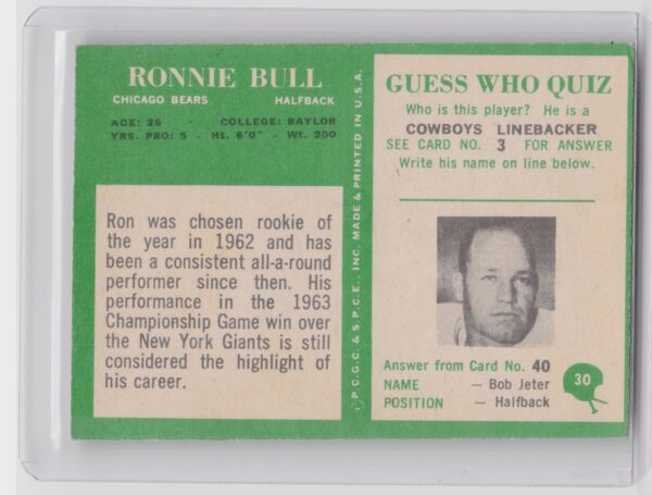 1966 Philadelphia Ron Bull #30 Bears - Image 3