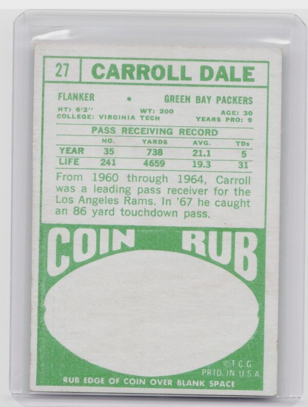 1968 Topps Carroll Dale #27 Packers - Image 3