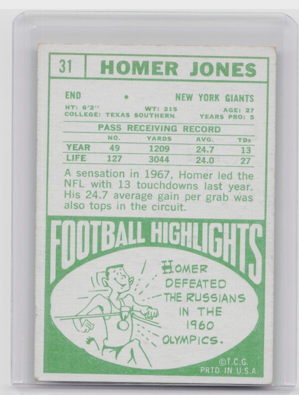 1968 Topps Homer Jones #31 Giants - Image 3