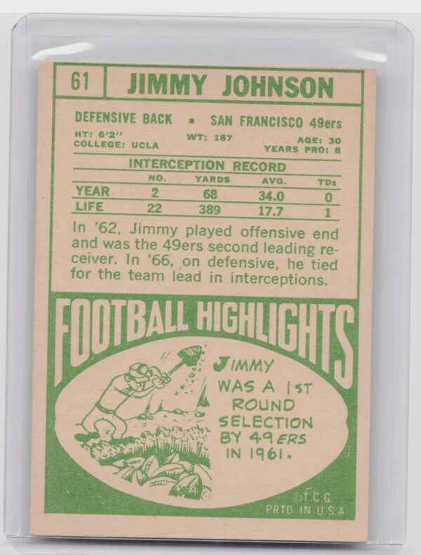 1968 Topps Jimmy Johnson #61 49ers - Image 3