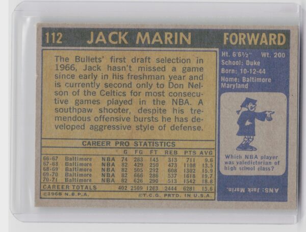 1971-72 Topps Jack Marin #112 Bullets - Image 3