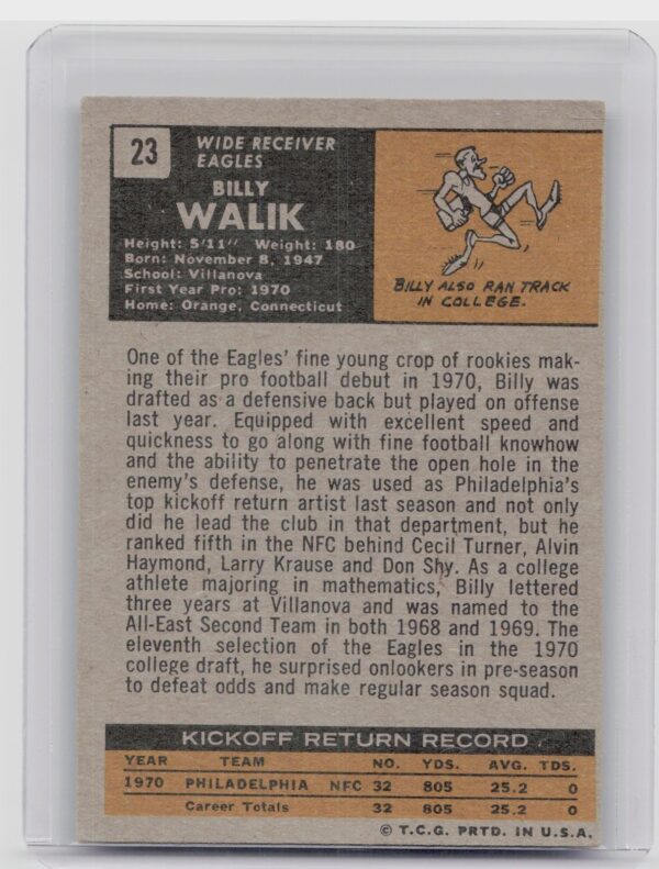 1971 Topps Billy Walik RC #23 Eagles - Image 3