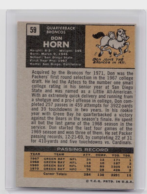 1971 Topps Don Horn #59 Broncos - Image 3