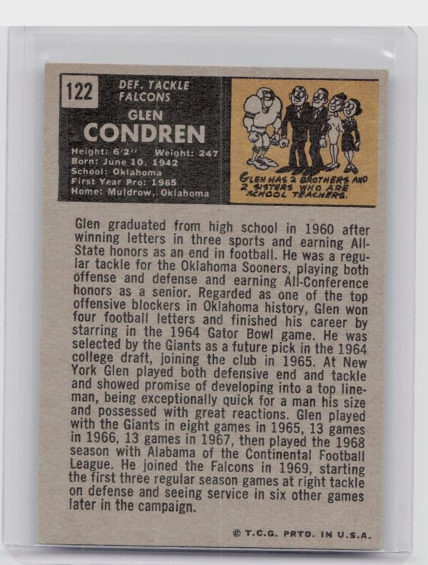 1971 Topps Glen Condren RC #122 Falcons - Image 3