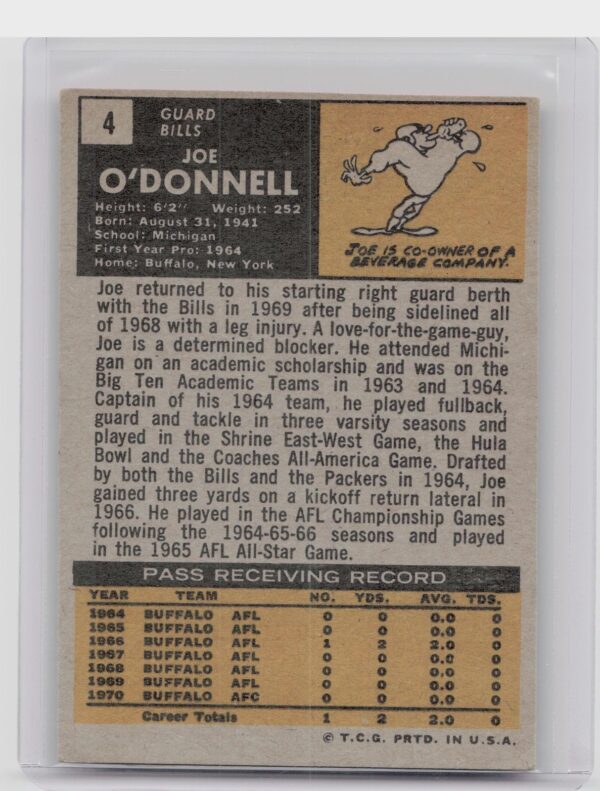 1971 Topps Joe O'Donnell RC #4 Bills - Image 3