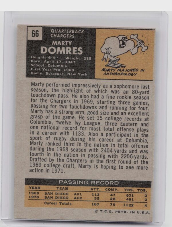 1971 Topps Marty Domres RC #66 Chargers - Image 3
