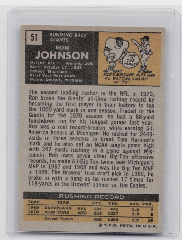 1971 Topps Ron Johnson RC #51 Giants - Image 3