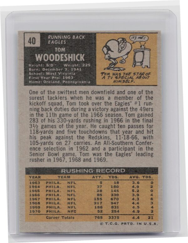 1971 Topps Tom Woodeshick #40 Eagles - Image 3