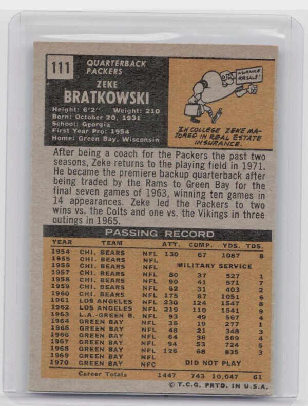 1971 Topps Zeke Bratkowski #111 Packers - Image 3